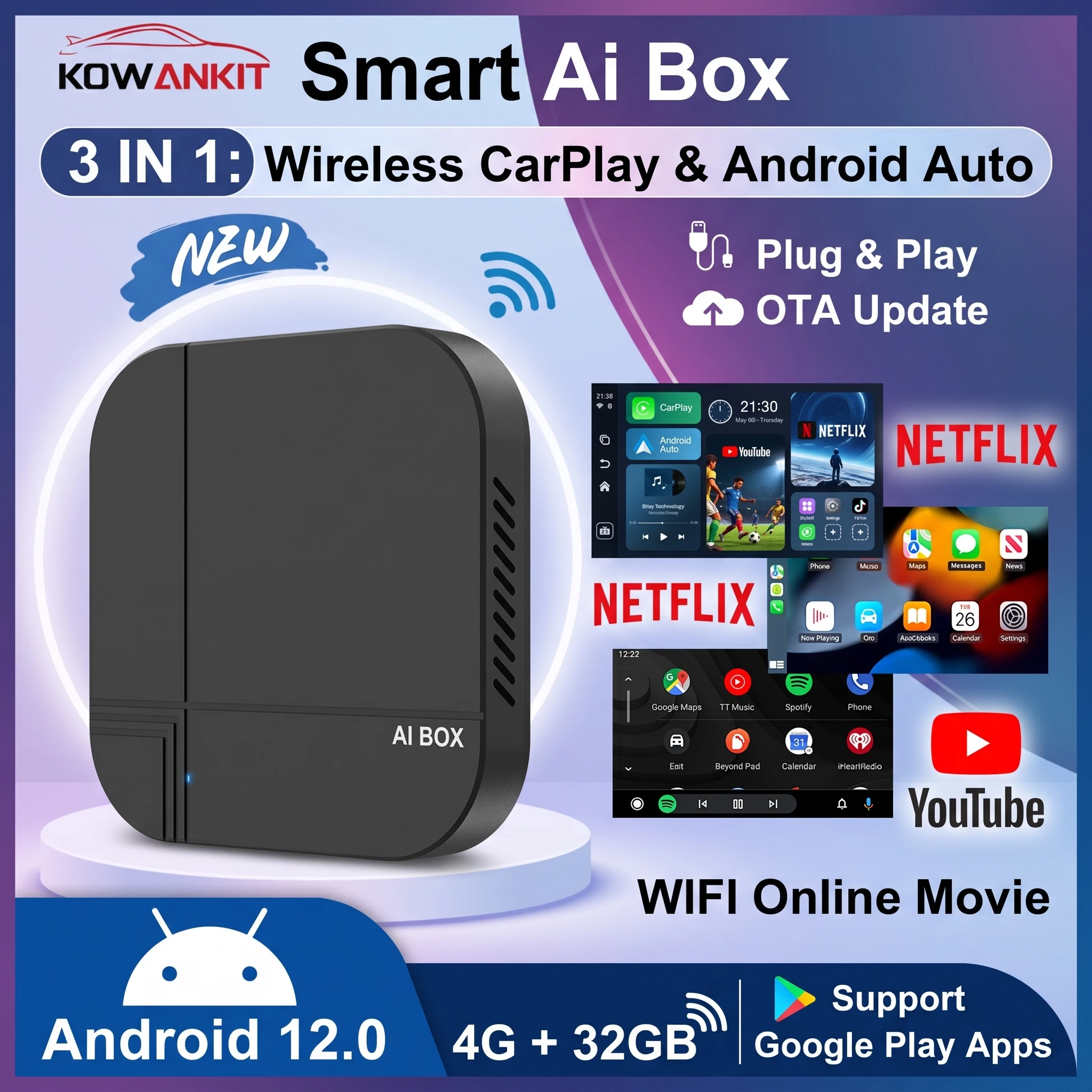 2026 4+32G 3 in 1 Wireless CarPlay AI Smart Box Kowankit Android Auto Tv Box Netflix Youtube For Ford Nissan Honda Benz Toyota