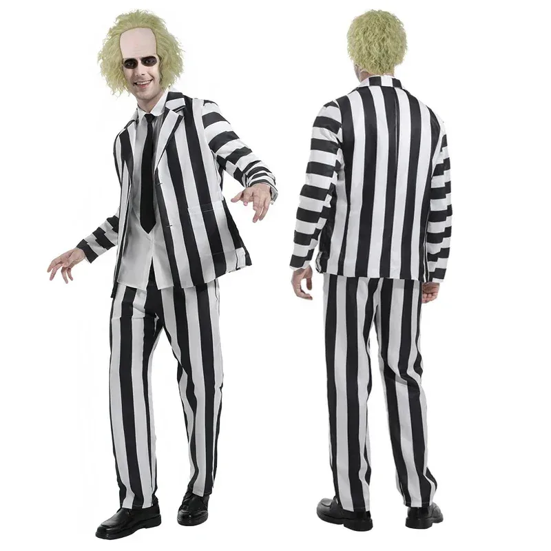 

Anime Men Black and White Striped Suit Scary Halloween Costumes Wig Tie Shirt for Cosplay Party eo]5