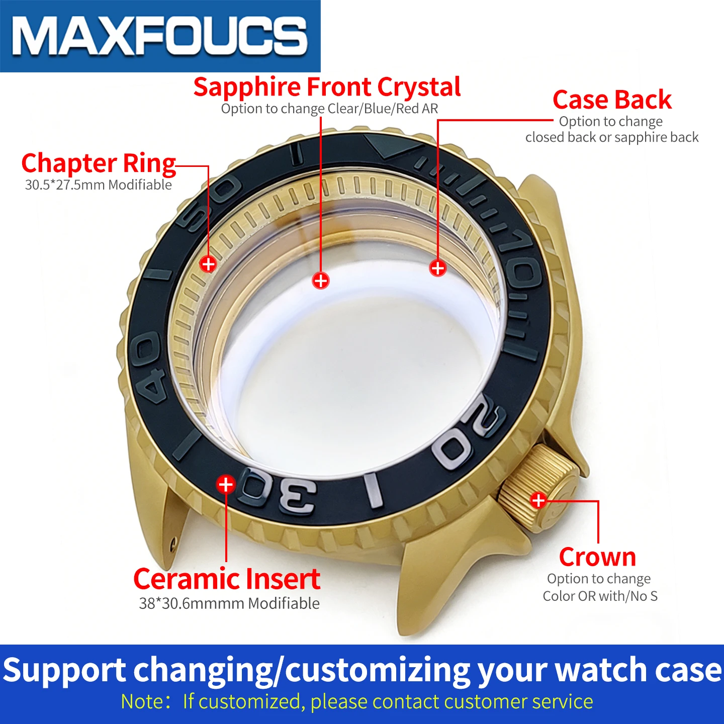 Mattes 3.8 SKX Gold-Uhrengehäuse mit Krone bei 4 Uhr, Edelstahl-Finish, MOD NH36 Lünetteneinsatz, Saphirglas, kundenspezifische Teile – Detail 7