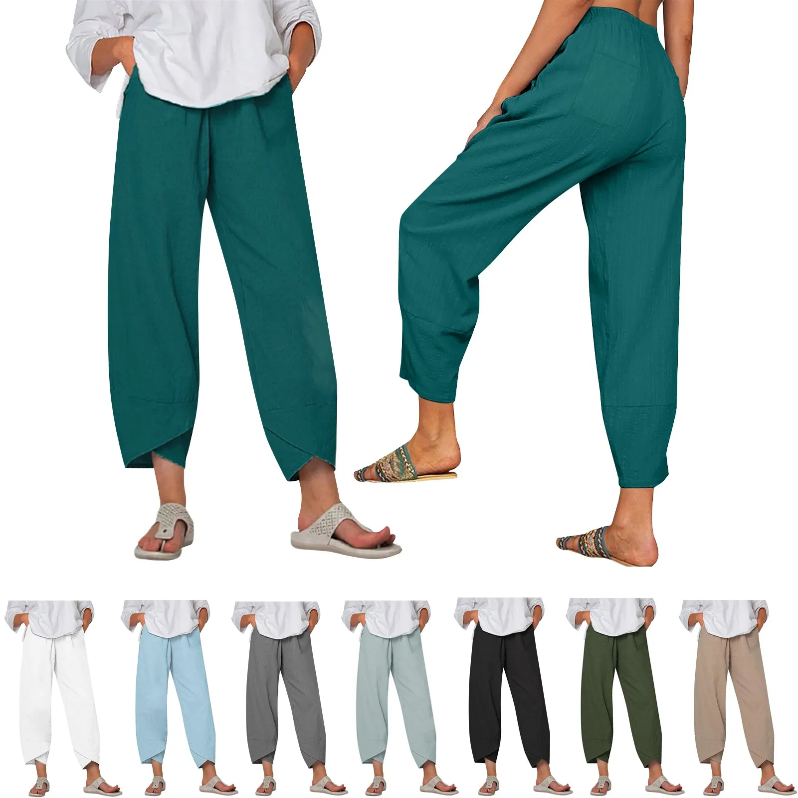 

Women's Cotton Linen High Waisted Casual Pants Back Pocket