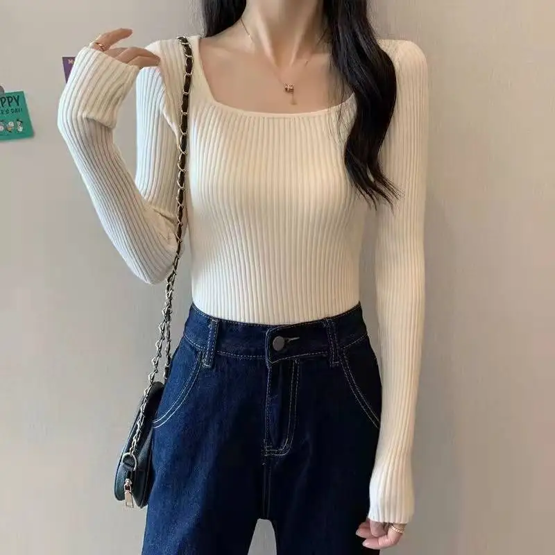 Lucyever 2022 Basic Square-neck Solid Pullover Women High Quality Slim Fit Casual Knitted Sweater Spring Long Sleeve Sweaters