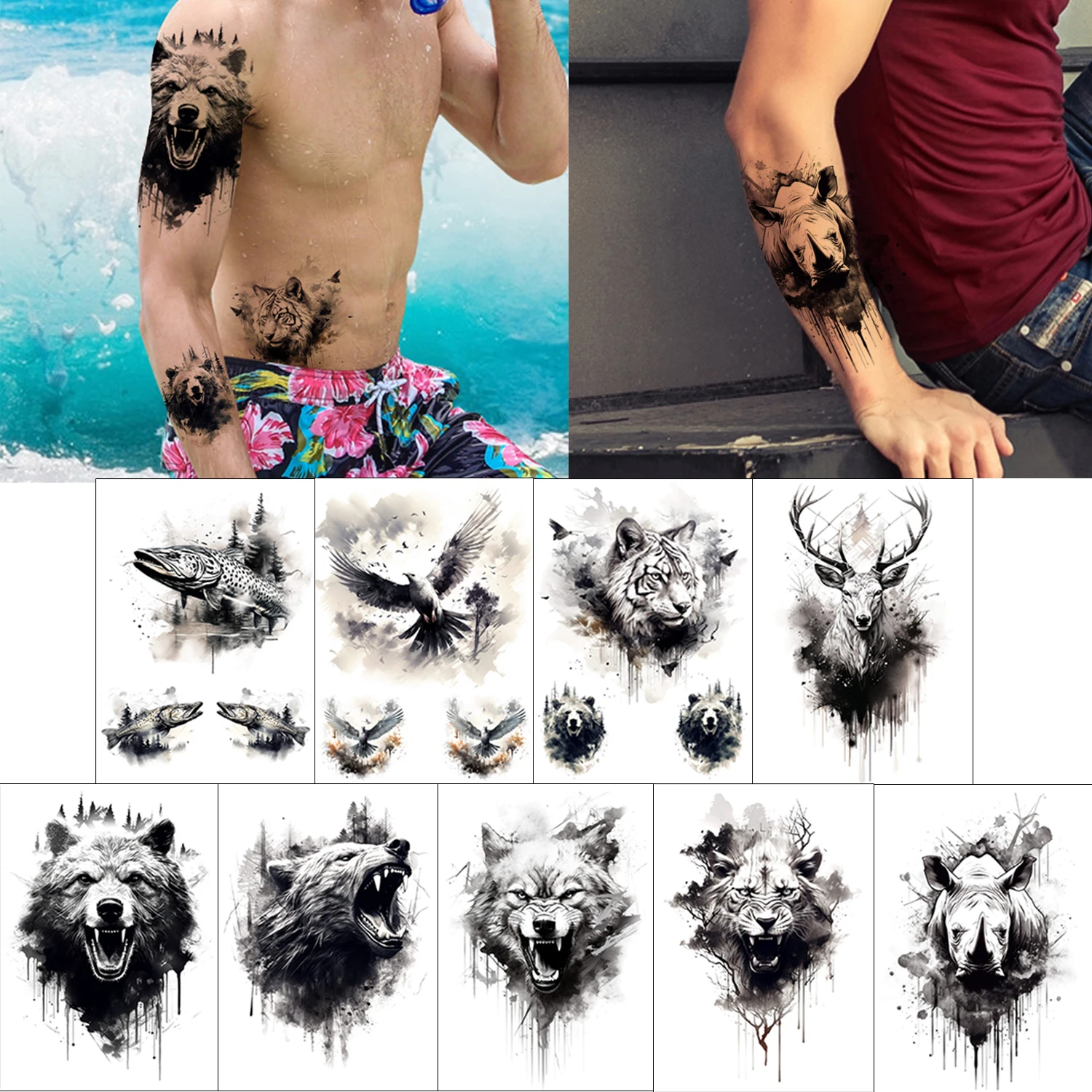 

GLARYYEARS Temporary Tattoo Black and White Animal Flower Adult Multi Part False Tattoo Sticker