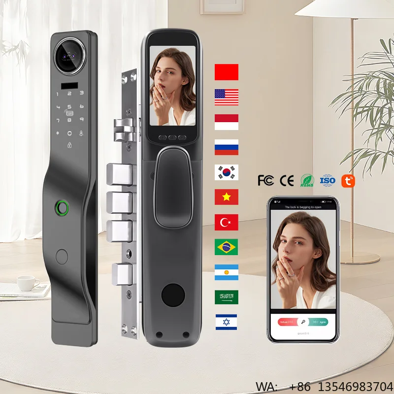 Ip65 3D Face Recognition Automatic Slim Tuya Smart Fingerprint Door Lock with Camera Smart Aluminum Sliding Door Smart Locks