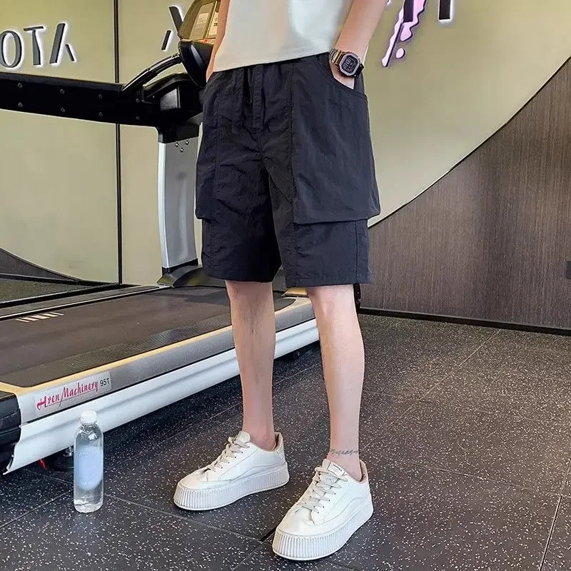 Bermuda Elastic Waist Long Loose Baggy Solid Male Short Pants with Draw String Pockets Men's Cargo Shorts Wide Half Distressed