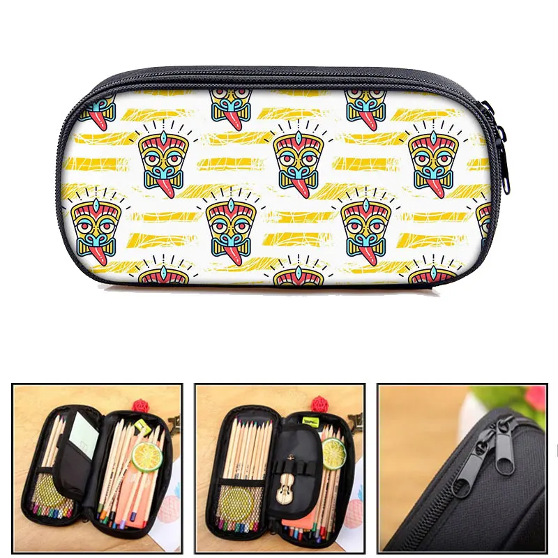 Polynesian Tribal Pattern Makeup Bag Tiki Pattern Pencil Bag Hibiscus Flowers Pencil Box Pencil Cases Cosmetic Cases Wash Bag