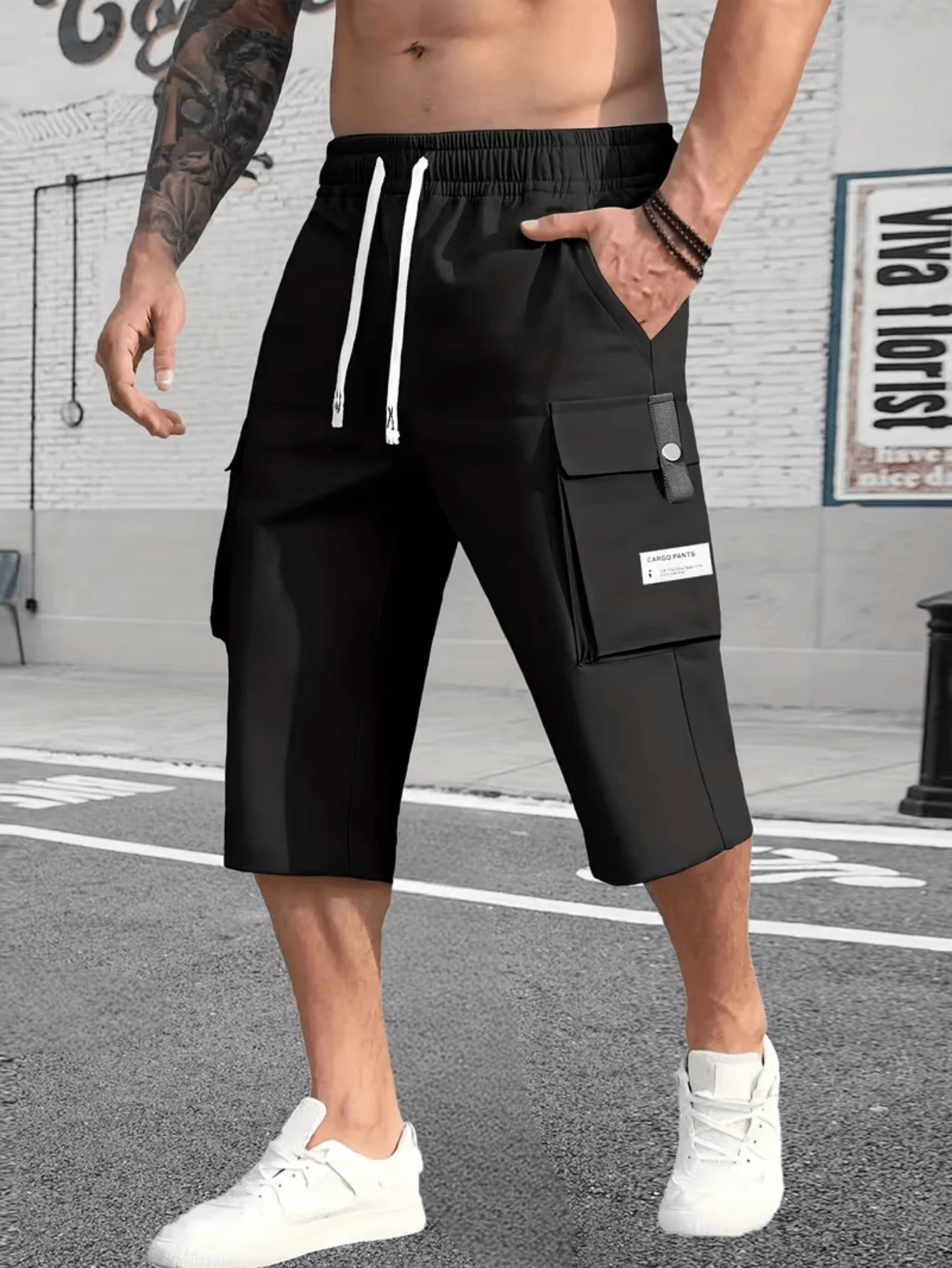 Men's Spring Summer Autumn Three Seasons Seven Inch Work Trousers with Large Capacity Pockets Fashionable Casual