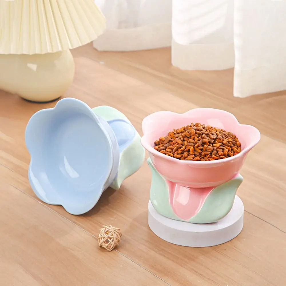 

Ceramic Cat Flower Bowl Non-slip Anti overturning Raised Ceramic Pet Drinking Bowl Pink/Blue Flower Shape Puppy