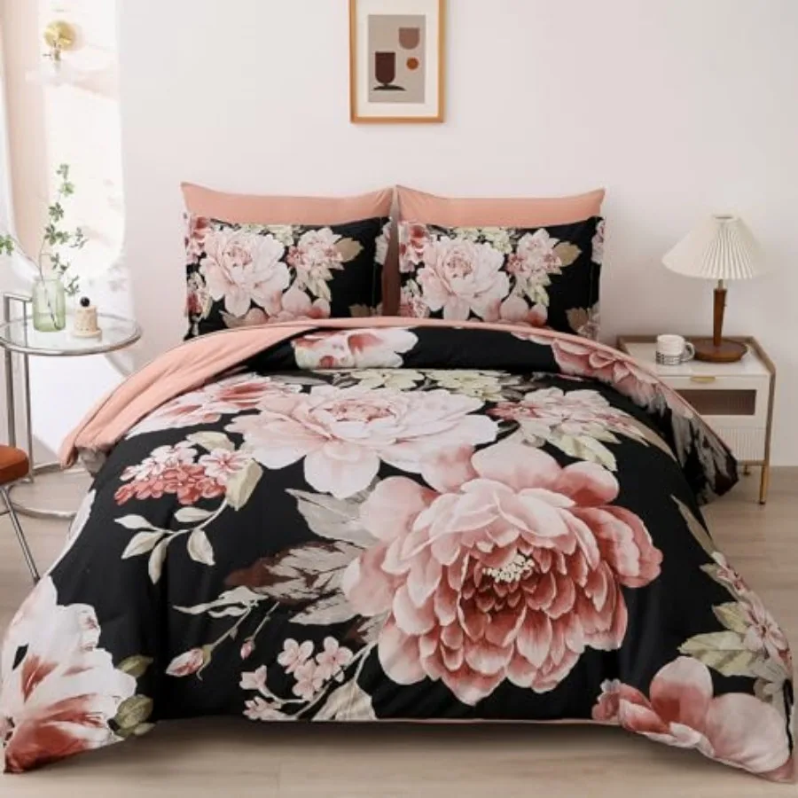 Floral Comforter Set Queen Size 7 Pieces Bed in a Bag Pink Floral Bedding Sets Elegant Flower Bed Set Lightweight Comforter for