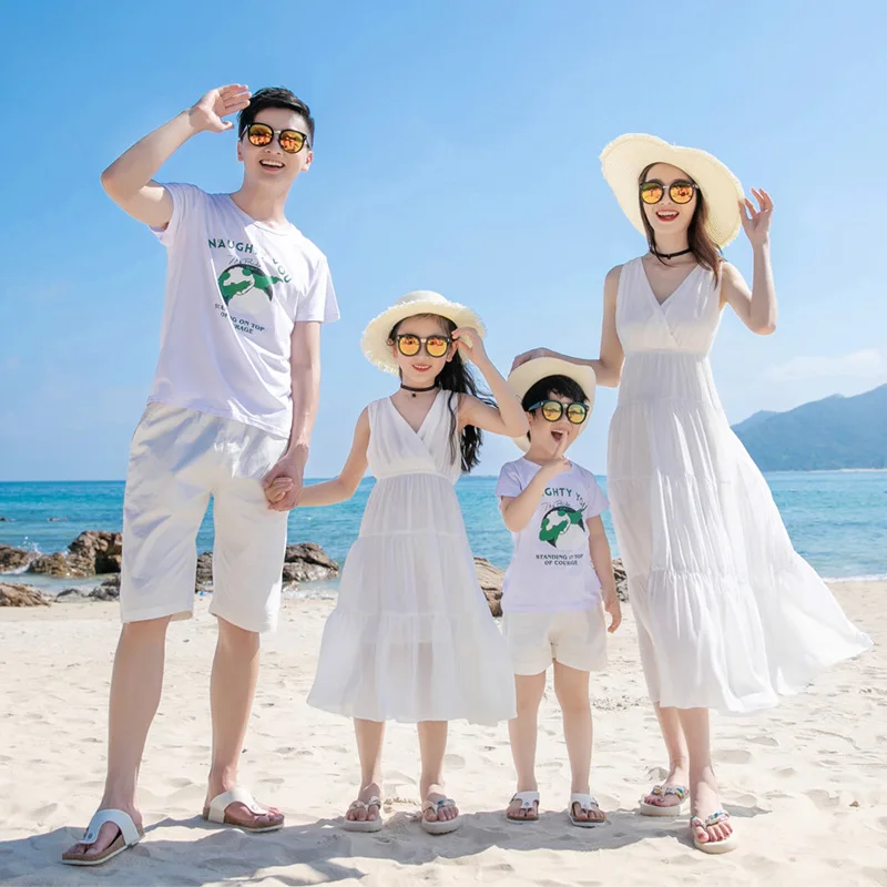 Holiday Look Family Matching Clothing Beach Daughter and Mom White Dresses Son and Dad T Shirts Shorts Two Piece Outfits Sets