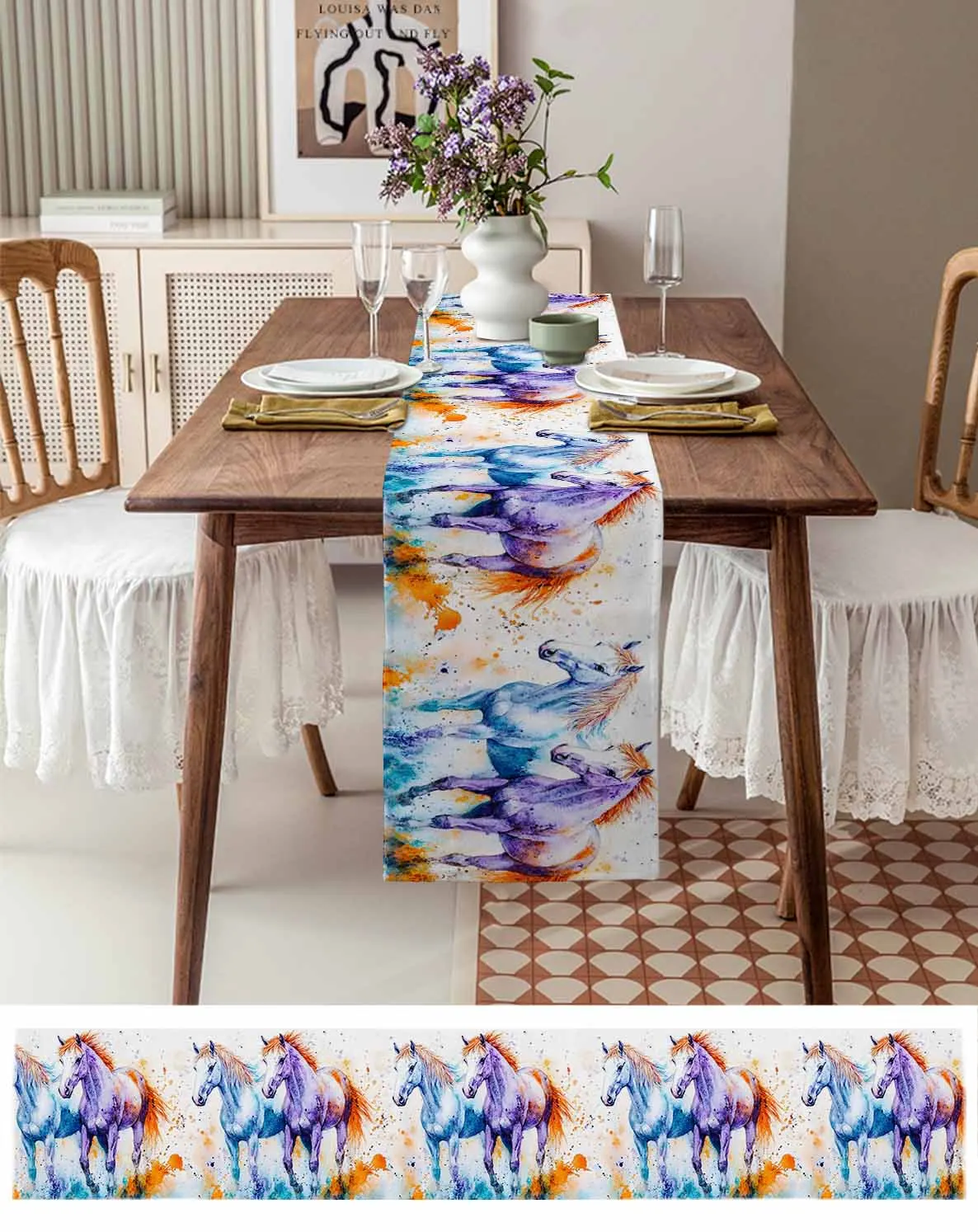 

Watercolor Horse Table Runner Wedding Party Champagne Dining Room Restaurant Home Tablecloth Runners