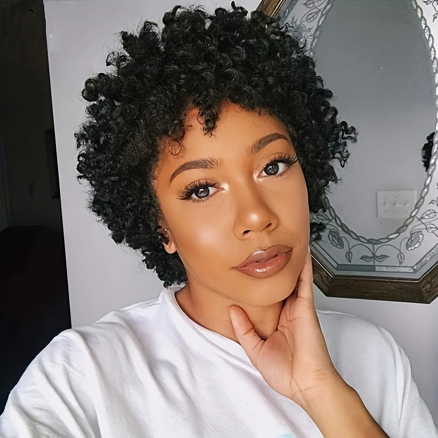 Afro Kinky Curly Wigs Short Full Machine Made Wig With Bangs  Brazilian Remy Human Hair Wigs For Black Women WIGS