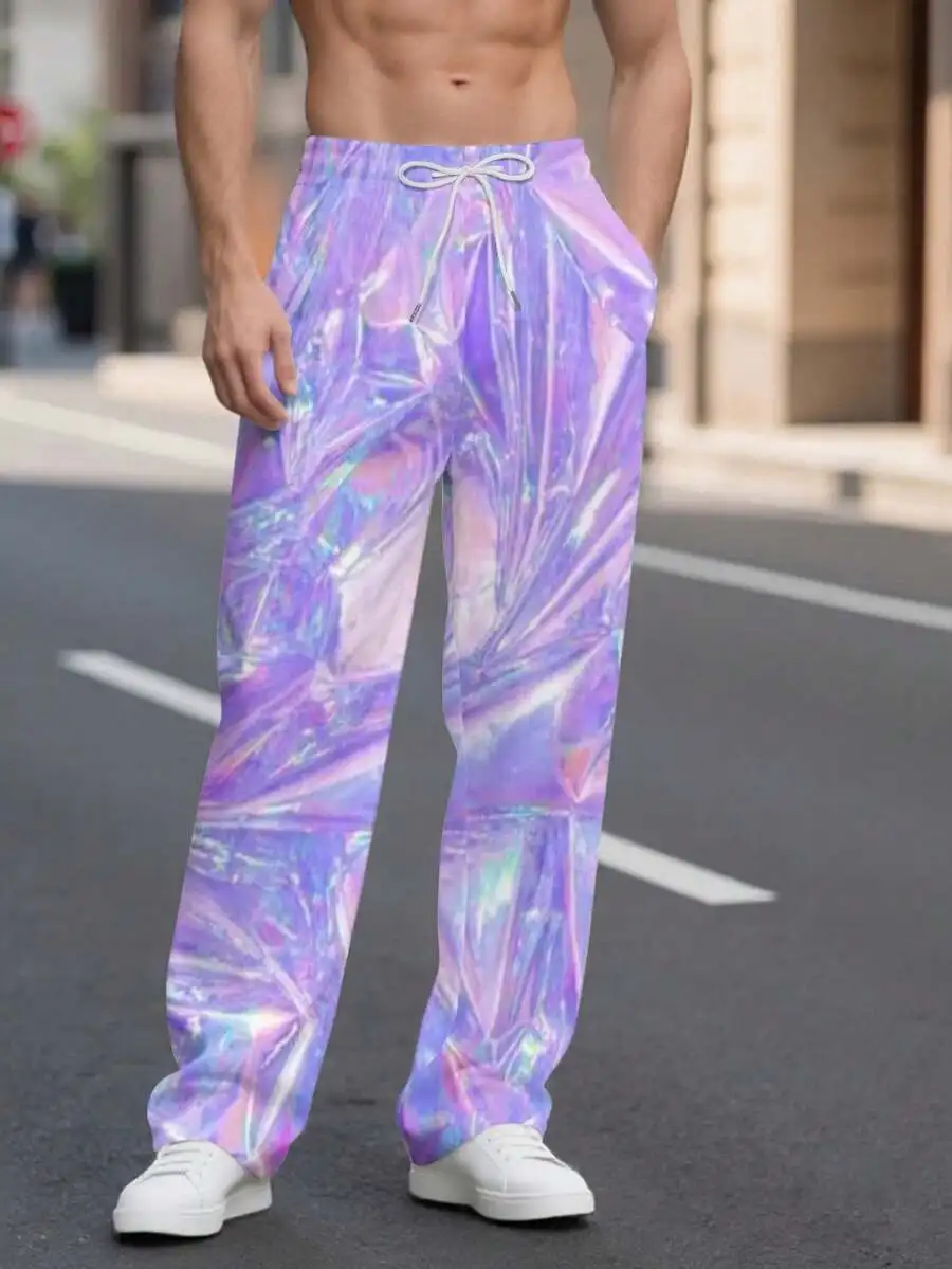 

Mens Holographic Laser Straight Leg Sweatpants Purple Base Summer Casual Beach Pants