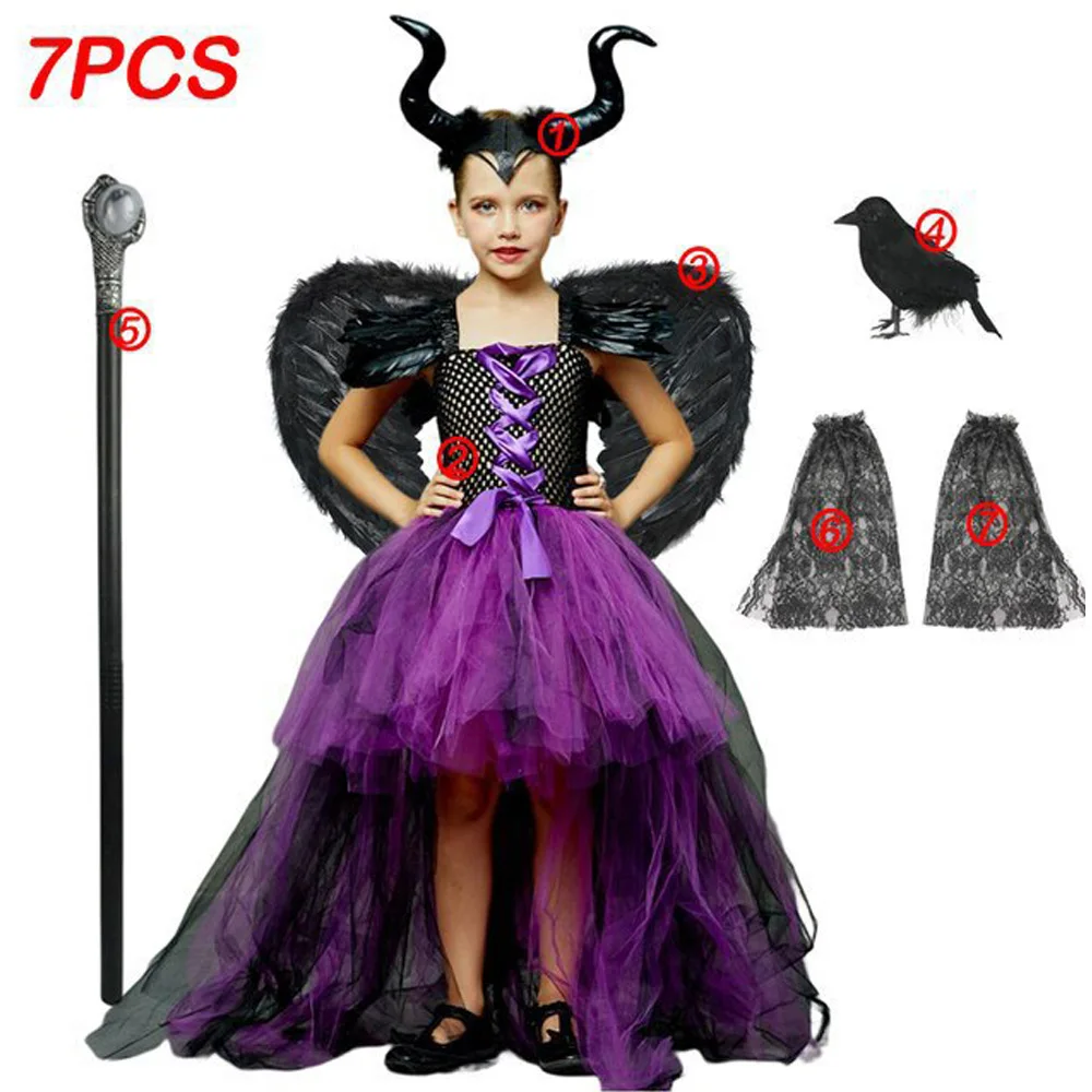 

Maleficent Neck Dress Girls Halloween Theme Cosplay Costume Handmade Woven Tulle Dress Evil Role Playing Outfits Luxury Gown