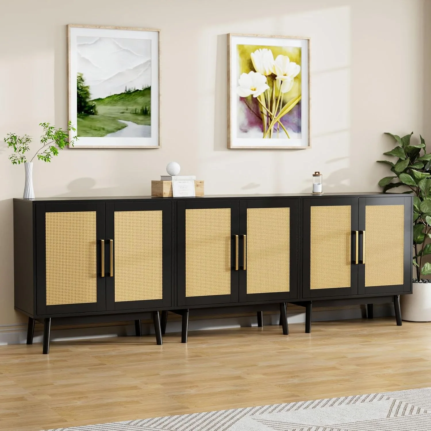 Set of 3 Sideboard Storage Cabinet with Rattan Doors and Adjustable Shelves, Rattan Cabinet Buffet Cabinet Accent Cabinet