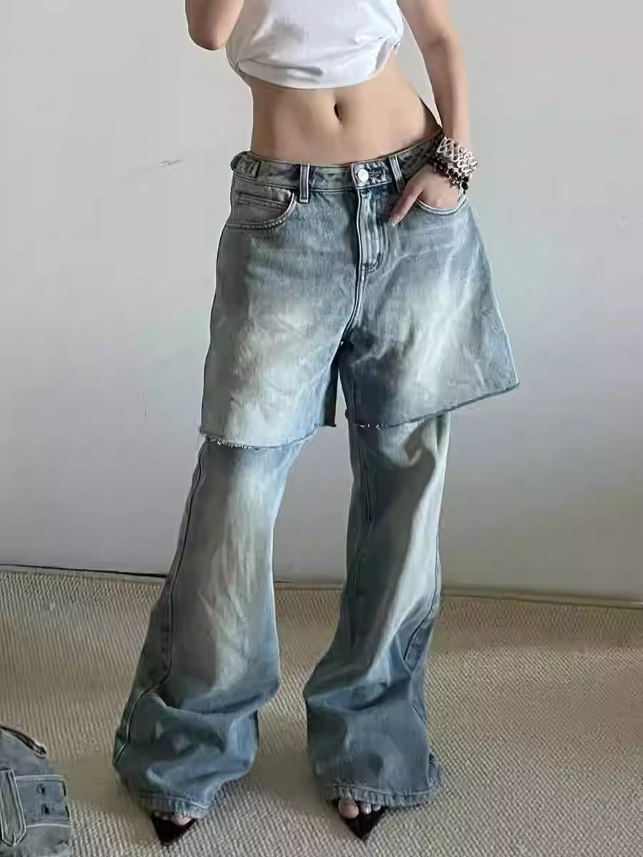 

Women's American Retro Flare Jeans Fake Two Pieces Design Denim Pants Japanese Goblin Core Abi Y2k Cowboy High Street New Punk