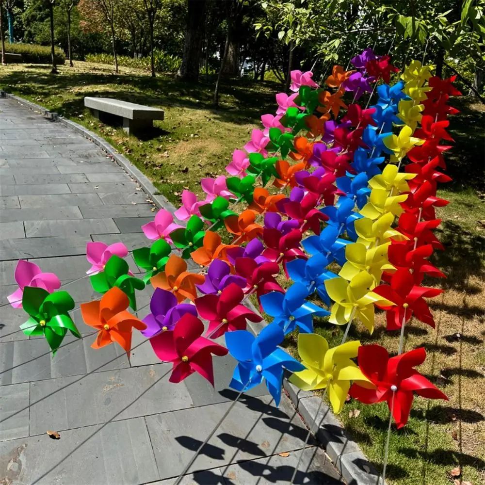 10pcs/set with Rope Strings Colorful Arch Corridor Windmill Solid Color with Steel Wire Rope 5 Leaves Pinwheels Handmade Plastic