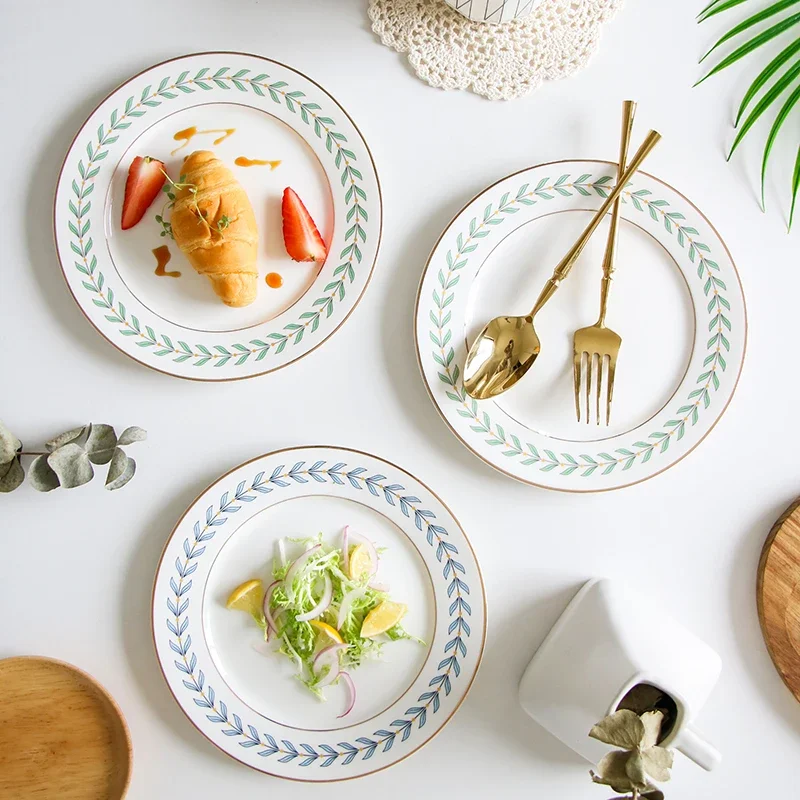 Juego de vajilla coreana de hoja verde: plato de cena, tazón de sopa, taza de café, platillo, y hermoso plato de cerámica para postres y ensaladas.