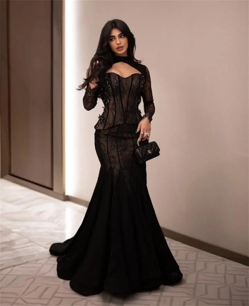 Customized Elegant Luxurious Evening Dresses  High Neck Trumpet  Floor Length Pleats Lace Flower Prom Special Occasion Dresses