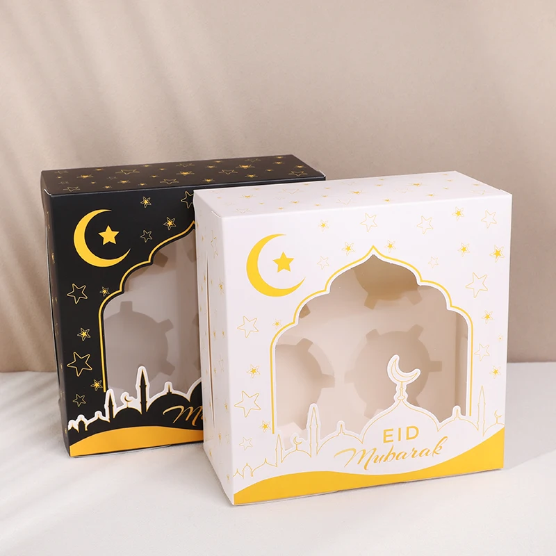 1pc Eid Mubarak Candy Cake Boxes Ramadan Decoration 4Holes Baking Cupcake Packaging Box Bag For Home Muslim Islamic Party Supply