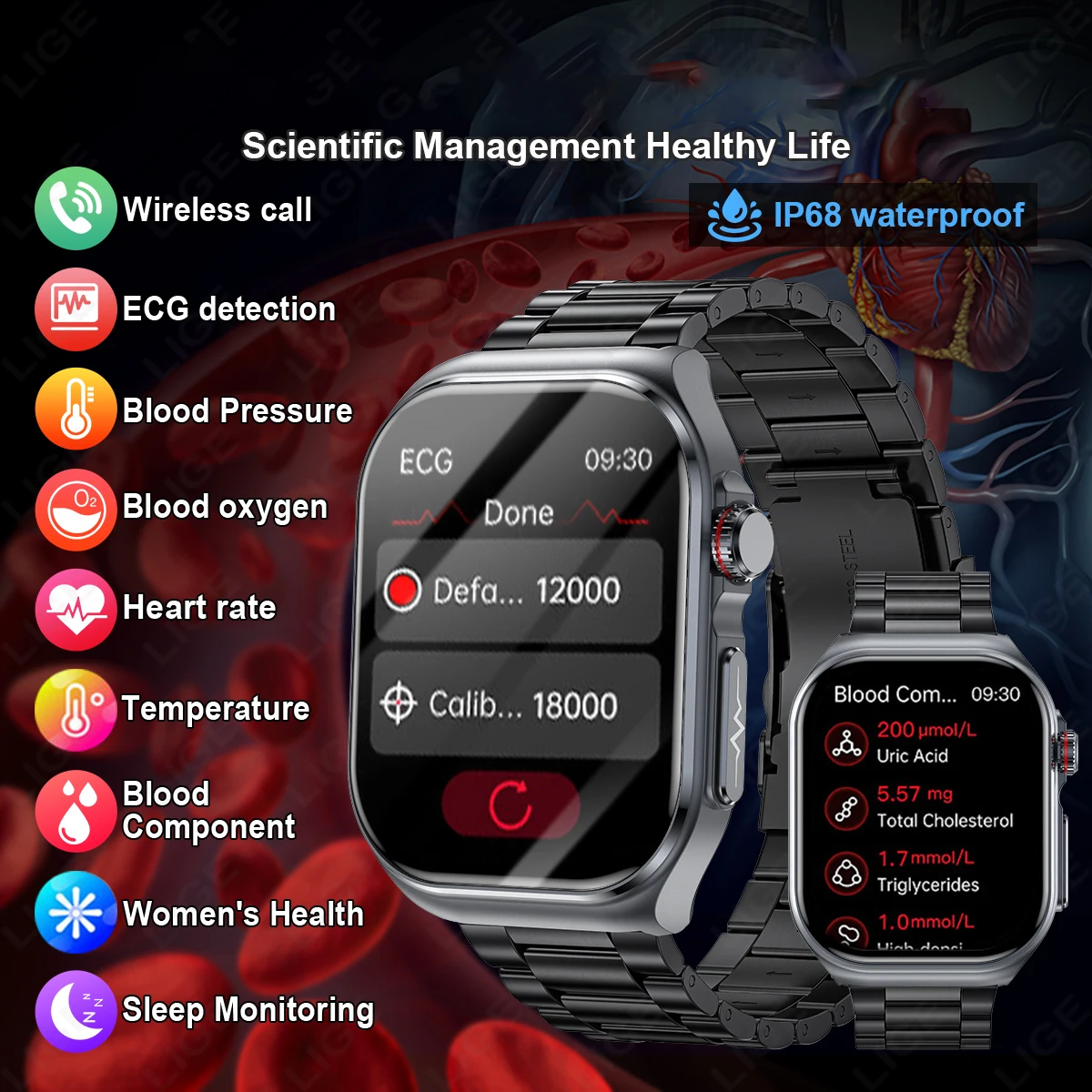 LIGE AMOLED 스마트 워치 ET585 남성 ECG 혈액 조성 건강 모니터링, 블루투스 통화, 여성 스포츠 피트니스 트래커 스마트워치