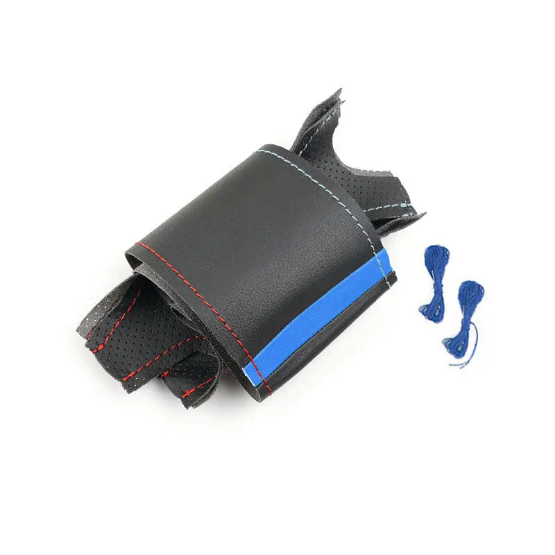 For BMW X5 E70 2006-2013 X6 E71 2008-2014 E72 2009 2010 Perforated Leather blue bar Hand-stitched Car Steering Wheel Cover Trim view 2