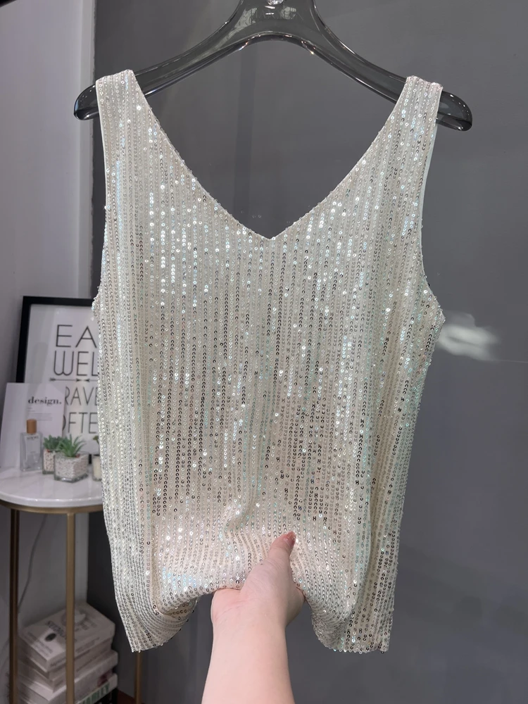 2024 New European and American Sequined V-neck Vest Worn Inside A Suit Bottoming Shirt and Worn Outside A Sparkling Top