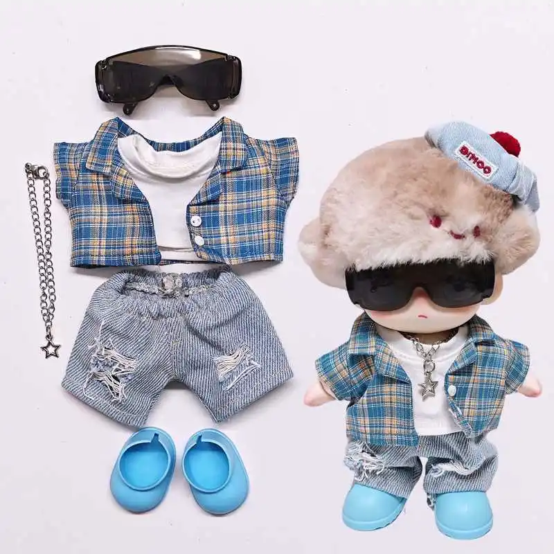 Für Dimoo Puppenkleidung, Sommer, blau kariertes Hemd, 6-teilig, modisches Trend-Einstellungs-Outfit, Baumwoll-Puppenkleidungszubehör