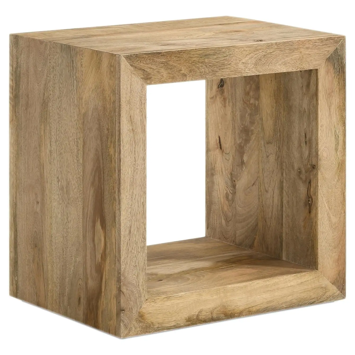 Rectangular Solid Mango Wood End Table Open Cube Design Farmhouse Living Room 22 Inch Natural, Customized