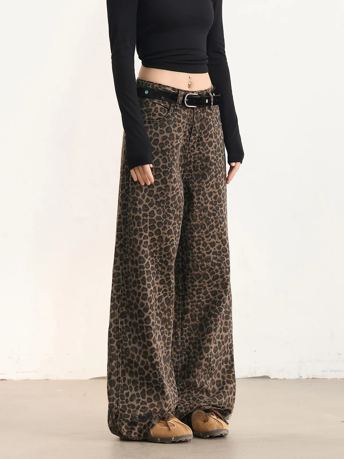 

HUAWU Ретро леопардовый принт Свободные джинсовые брюки на подкладке с высокой талией Повседневные брюки для женщин осень-зима длиной до пола