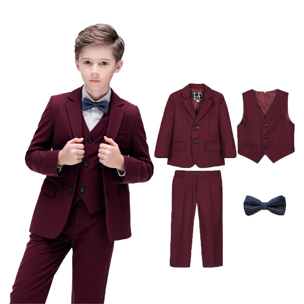 Boys Burgundy Red 4Pieces/Set Jacket Vest Pants Bowtie Photography Suit Kids Wedding Party Dress Children Performance Costume