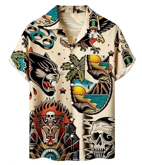 Men Vintage Tattoo Skull Panther Eagle Print Turn Down Collar Short Sleeve Shirt Beige‑Base Party Top