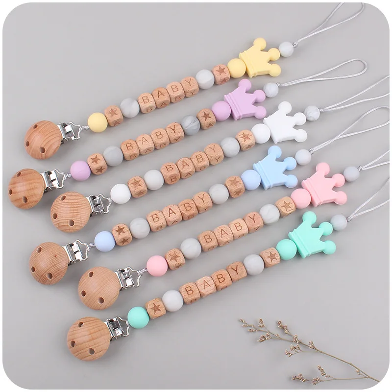 ABCPICK 9 Colors Stock Baby Teething Beads Pacifier Chain Clip Beech Wooden Chewable Baby Pacifier Clip Holder