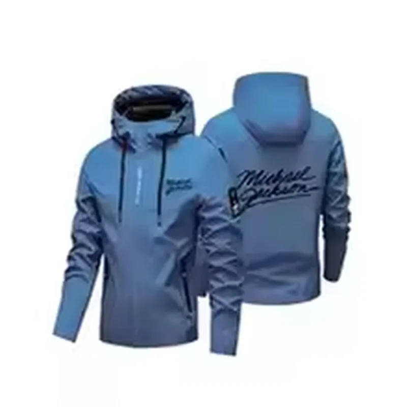 Mens Adjustable Drawstring Hood Windbreaker, Michael Jackson Autograph Print Windproof Water Resistant Zipper Outer Coat
