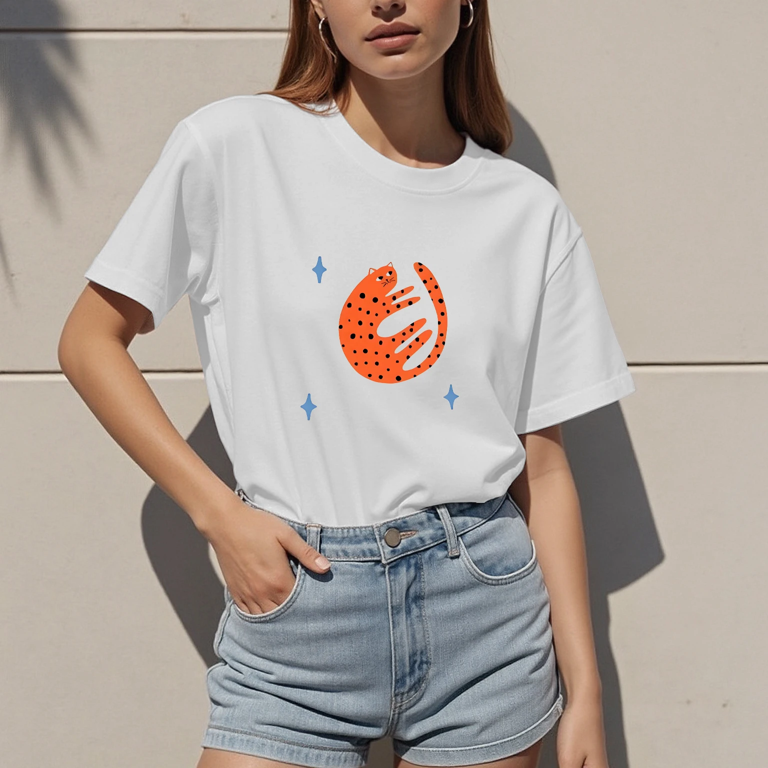 Sommer-Damen-Kurzarm-T-Shirt mit Katzenmuster, weiche Textur, modisch, bequem, lässig, atmungsaktiv, täglich