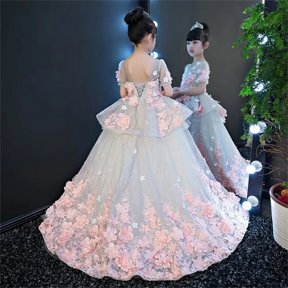 Luxury 3d Applique Pink 2024 Flower Girl Dress Kids Princess Short Sleeve  Wedding Tulle Prom Pageant Junior Bridesmaid Dresses