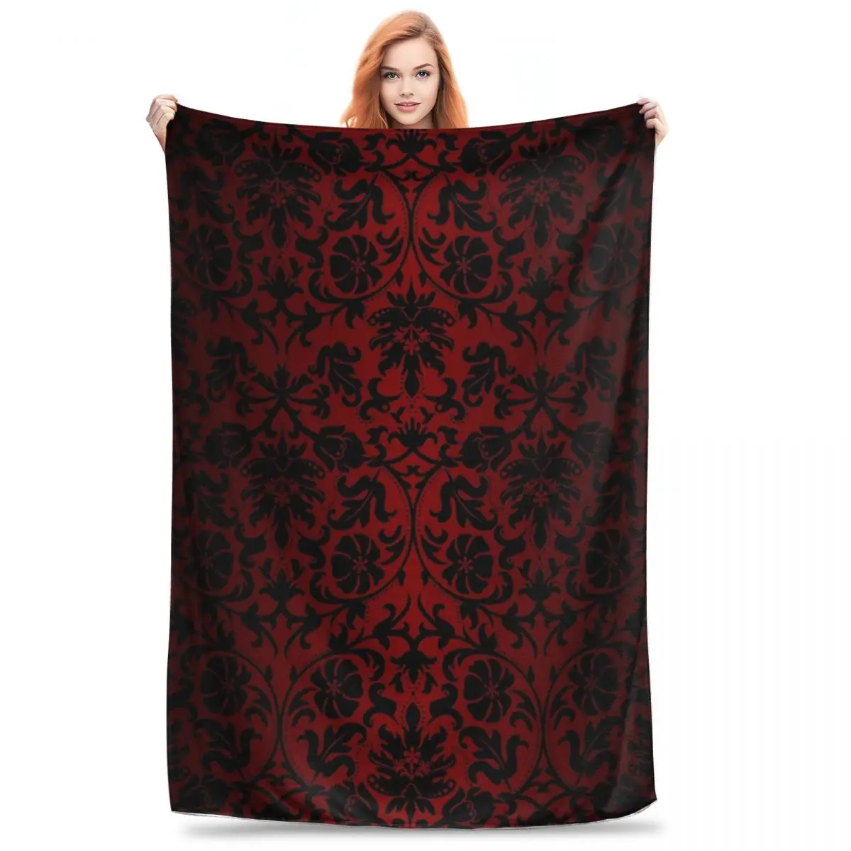 Dark Red And Black Damask Pattern Blankets Flannel Breathable Throw Blankets Sofa Throw Blanket For Home Travel Throws Bedspread