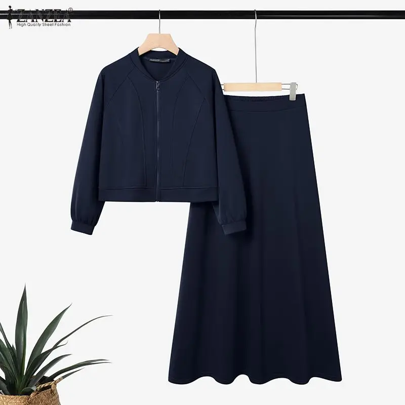 ZANZEA 2026 Spring Outfits Long Sleeve Blouse Skirt Suit Fashion Women 2 Pieces Sets Zipper Coats Maxi Dress Muslim Matching Set