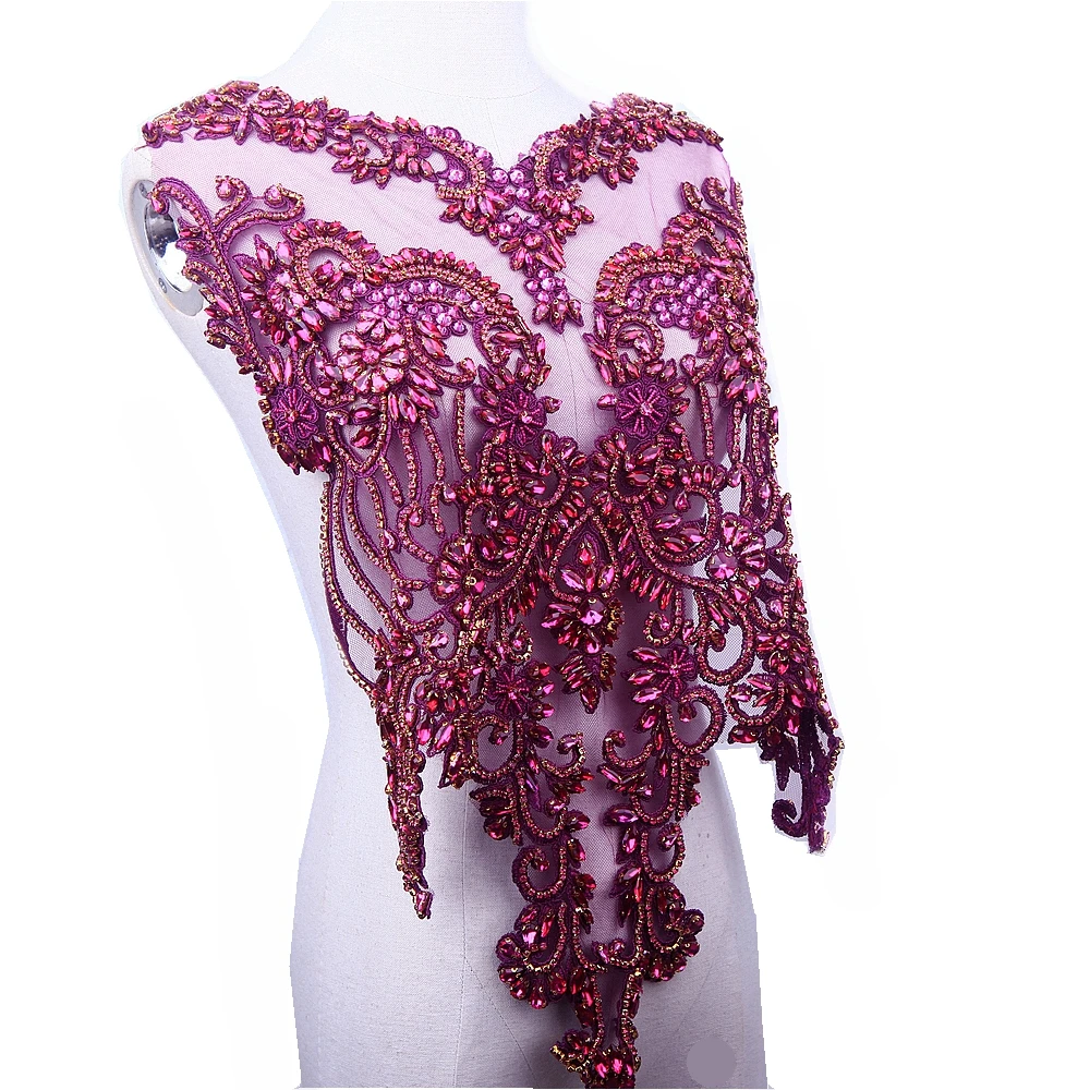 Handmade red/royalblue/ddepgreen/gold/silver rhinestones bodice applique sewing beads crystal trim patches dress accessory