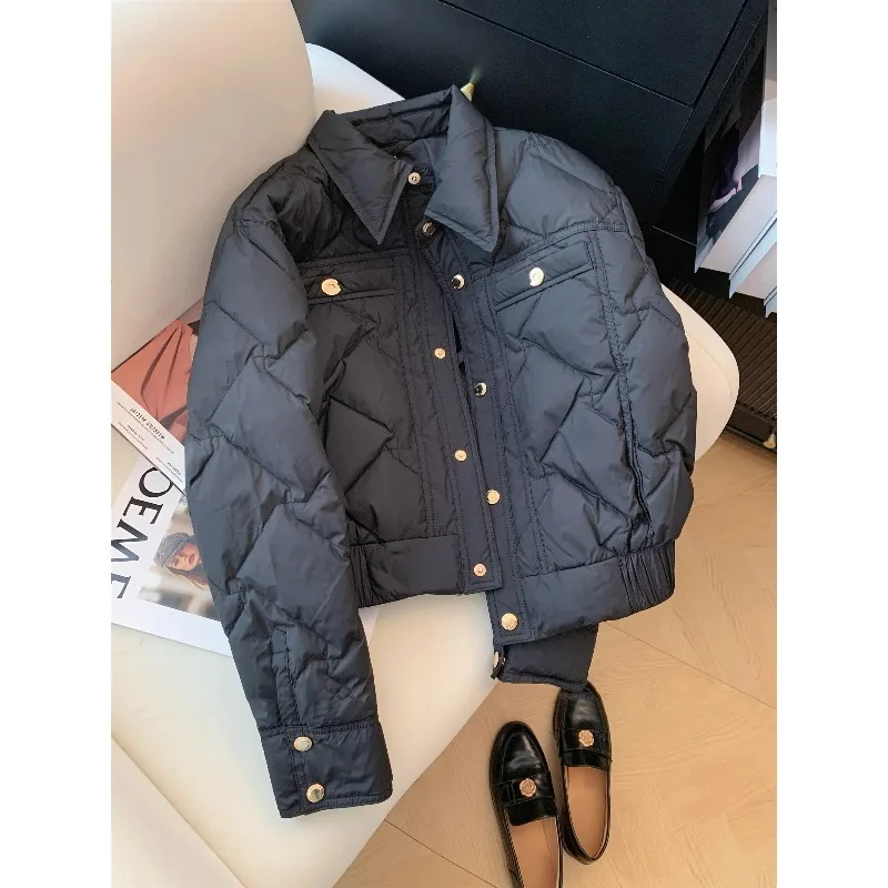 

Retro Bla Collar ort Cotton Jaet Women's Autumn Winter Lightweight Warm Quilted Cotton Coat Korean Sle Loose Fit