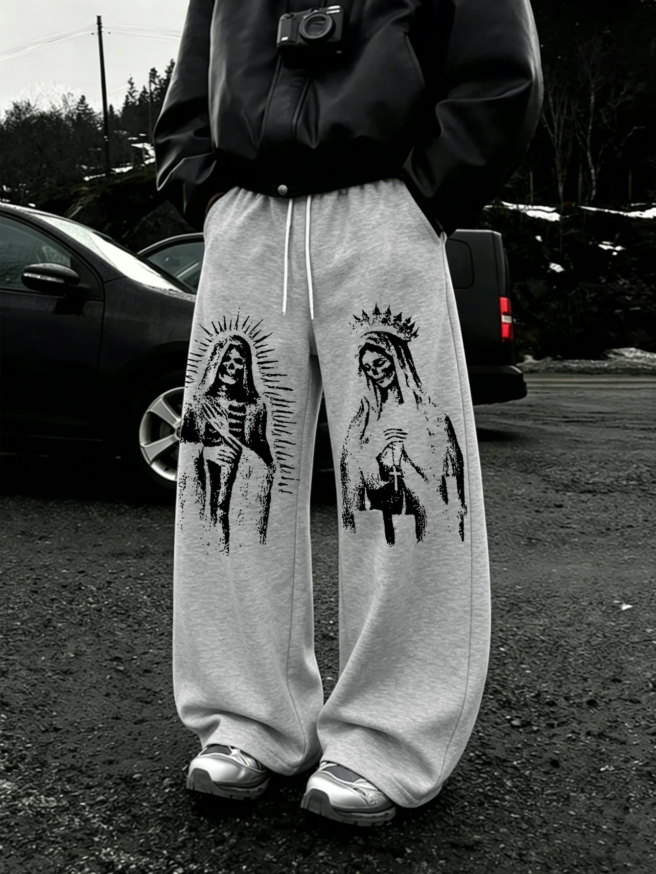 Men Y2K Dark Gothic Streetwear Sweatpants, Vintage Distressed Saint Figure Double Side Print Drawstring Loose Baggy PantsWideLeg