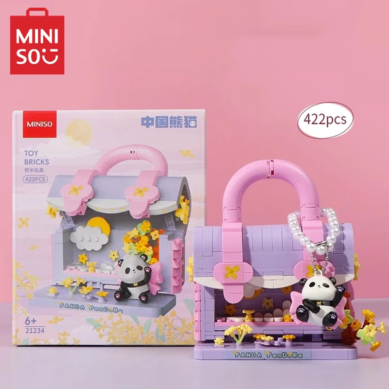 MINISO Panda Handbag Building Blocks 3D Model Ornaments Children's Toys Assembled Puzzle Figures Kawaii Birthday Gifts