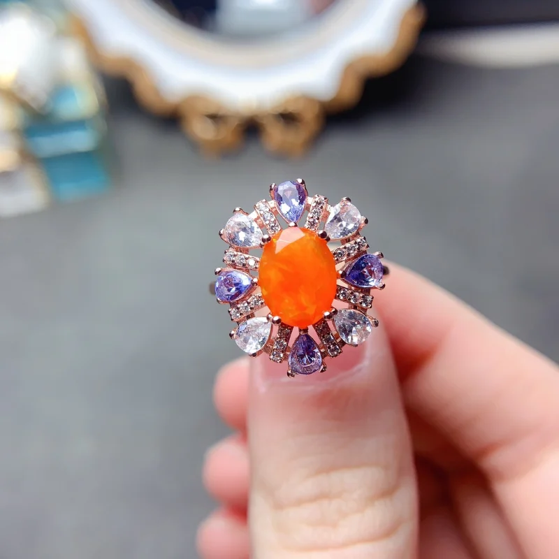 Luxurious Mexico Rare Orange Fire Opal Women Ring with Silver Plated 925 Sterling Engagment Promise Ring for Gift