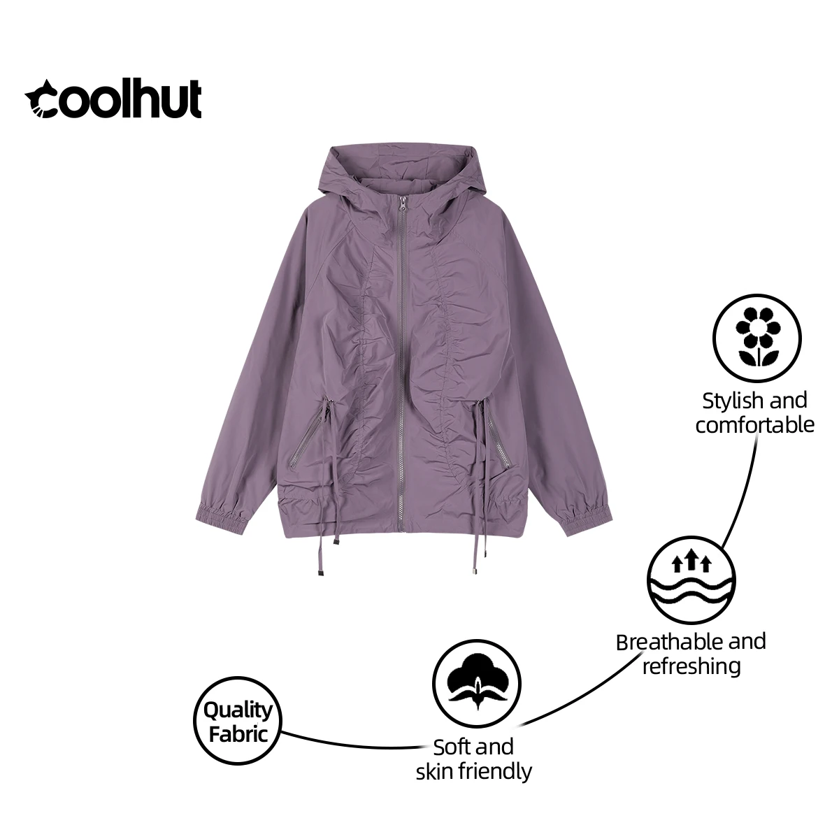 COOLHUT Feminino 2025 Casual Blusão com Capuz Minimalista Plissado Jaqueta Solta com Cordão Leve Casacos de Outono