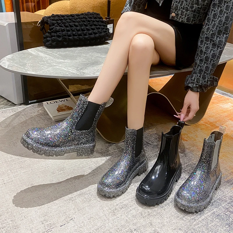 Botas de lluvia impermeables de tubo medio para mujer, zapatos de agua portátiles para las cuatro estaciones, Botas de lluvia que combinan con todo,