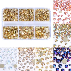 Gold bottom 6 grids/box non thermal fixed glass rhinestones SS6-SS20 mixed size flat crystal stone bonded diamond 3D nail art ac