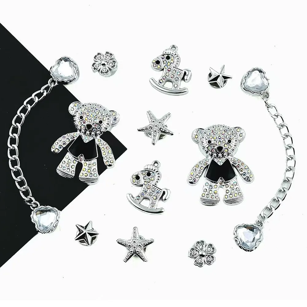 12PCS Fashion Shoe Charms Set Accessories for Sandals Clogs Shoe Buckle Silver Bear Heart Diamond Chain DIY Shoes Decorations