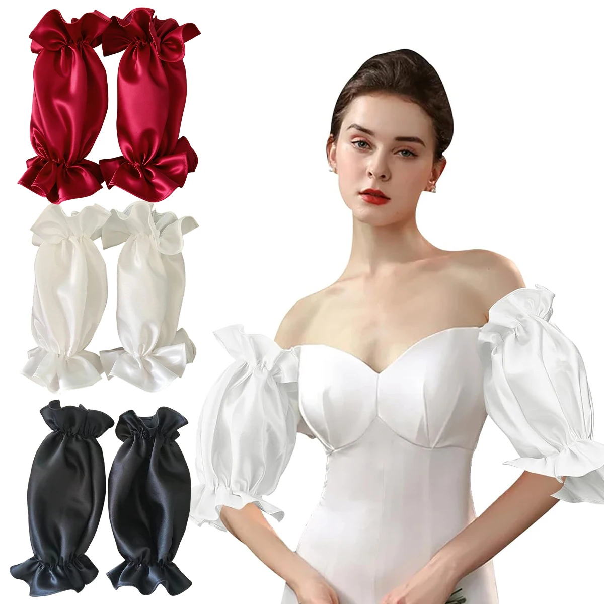 قفازات الزفاف الساتان الأنيقة أكمام أذرع تبريد لفستان الزفاف اكسسوارات العروس أغطية للذراع الأكمام للنساء مع الأصفاد المرنة #1