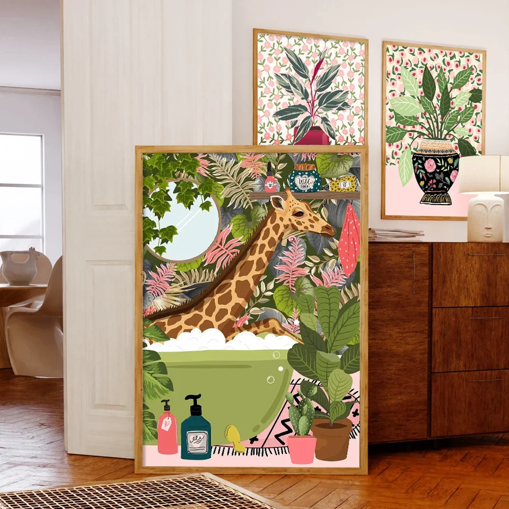 Bathtub Animals Tropical Plant Zebra Leopard Tiger Giraffe Wall Art Canvas Poster Prints Wall Picture Bathroom Living Room Decor