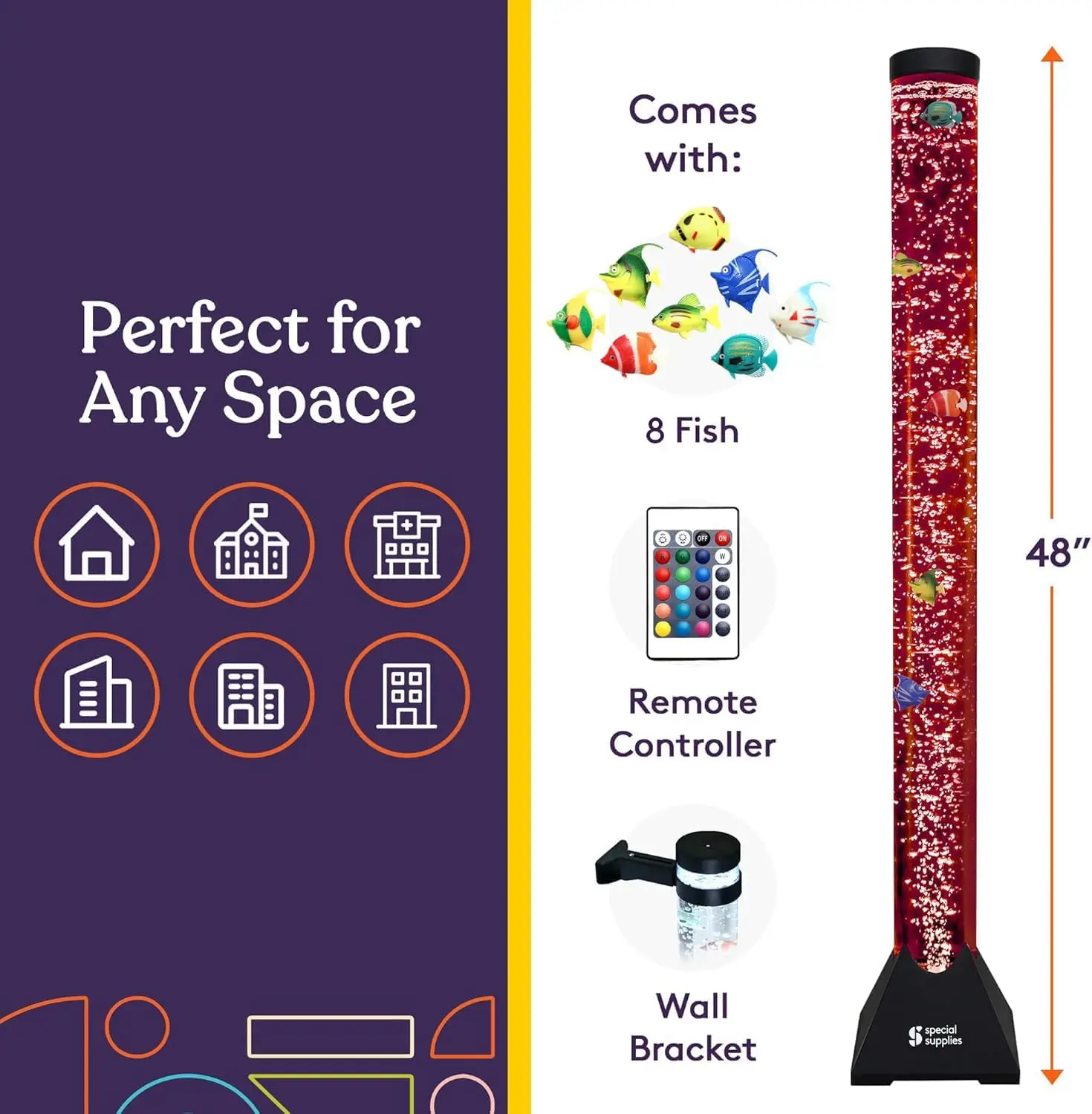 Aquarium Sensory Fish Bubble Light Tube with 16 LED Color Changing Nightlight Effect, Remote Control and Fish Colorful Floor