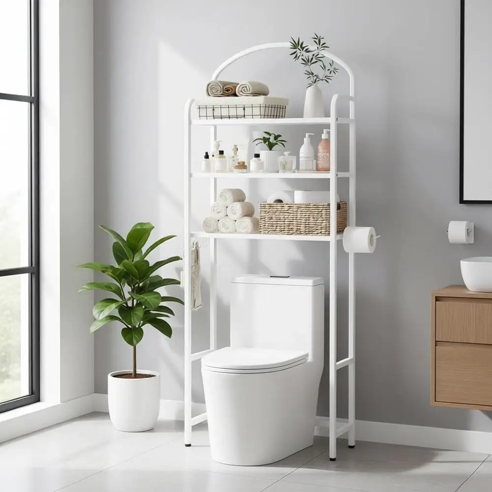 

Трехуровневая полка для хранения над унитазом, белый металлический органайзер для ванной комнаты с крючками и держателем для бумаги